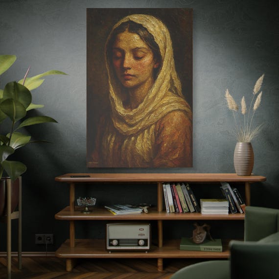 Serene Portrait in Golden, Hues,Contemplation Portrait Print, Serene Woman Oil Painting Style, Vintage Aesthetic Dark Academia Wall Art.