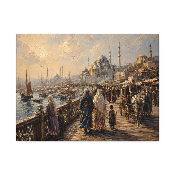 Historical Cityscape Canvas - Vintage Istanbul Wall Art - Ottoman Empire Canvas - Impasto Bridge Landscape - Global Eclectic Travel Decor