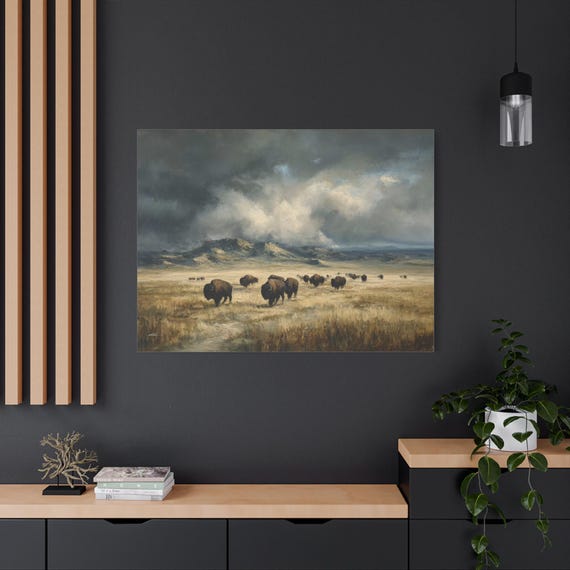 Moody Bison Herd Canvas Print - Western Prairie Landscape Art - Atmospheric Wall Decor - Buffalo Canvas - Rustic Cabin Decor - Americana