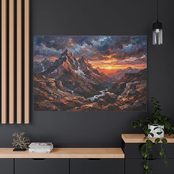 Impasto Mountain Canvas Print, Dramatic Sunset Landscape - Moody Cabin Wall Decor - Textured Look Canvas - Rugged Nature Art - Palette Knife