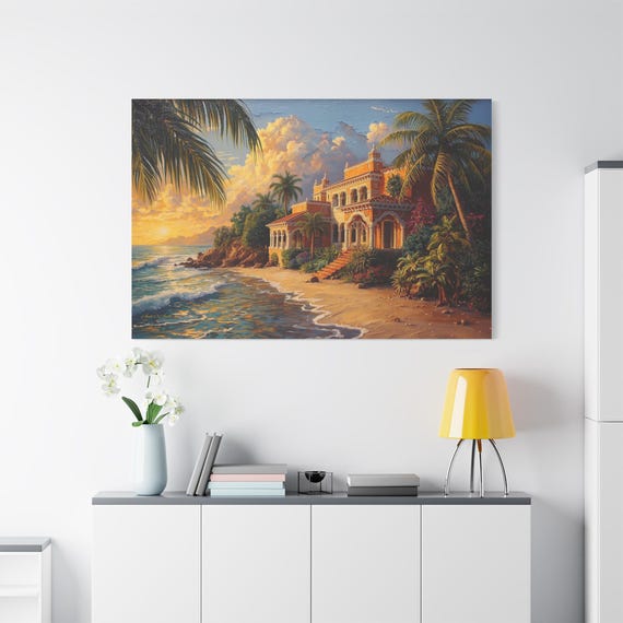 Golden Sunset Mexican Villa Canvas Print - Spanish Hacienda Wall Art - Tropical Beach Landscape - Impasto Coastal Decor - Warm Home Art
