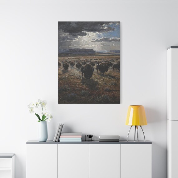 Majestic Bison Herd Canvas Print - Impasto Western Landscape Art - Moody Americana Decor - Buffalo Canvas - Rustic Cabin Wall Art