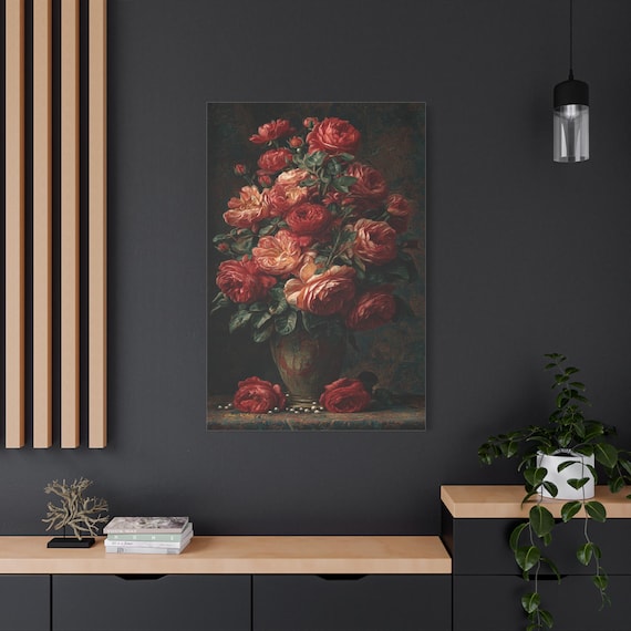 Moody Red Rose Canvas Print - Dark Academia Floral Art - Swirling Impasto Still Life - Gothic Victorian Decor - Vintage Flower Bouquet