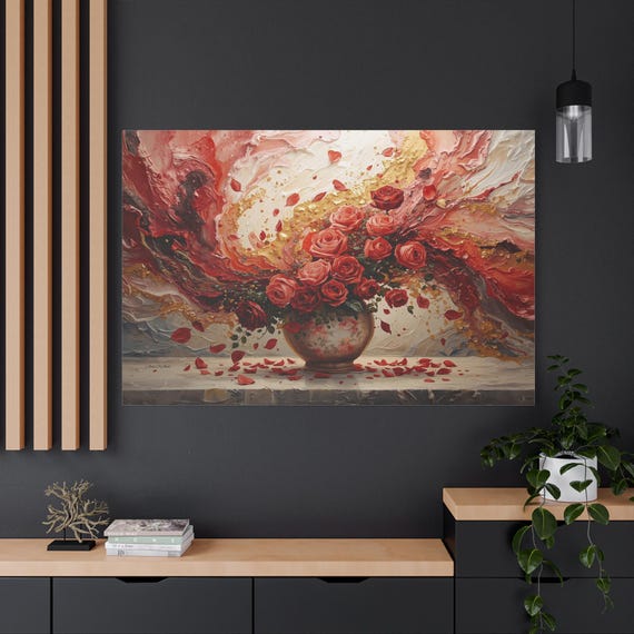Ephemeral Romance: Ruby Cascade, Red Rose Bouquet Matte Canvas Print, Abstract Floral, Romantic Decor, Home Decor Art, Living Room Art.