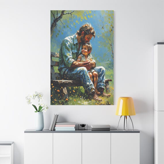 Loving Father and Child Canvas Print - Dad and Son/Daughter Art - Impasto Style Portrait - Father's Day Gift - Nursery Wall Decor