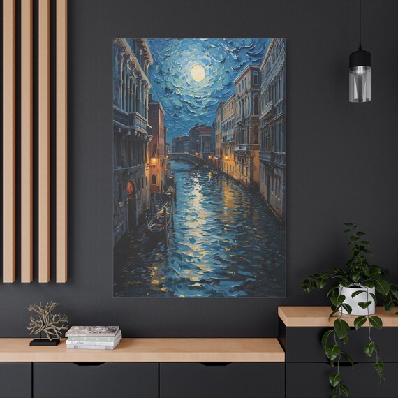 Venice Canal at Night Canvas Print - Moonlight Gondola Art - Impasto Style Italy Landscape - Starry Sky Decor - Romantic Bedroom Wall Art