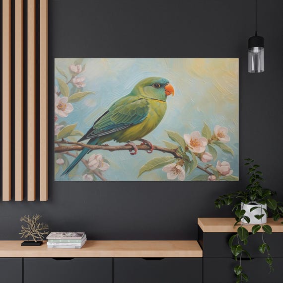 Green Parrot Canvas Print - Impasto Bird Print - Cherry Blossom Wall Art - Spring Botanical Decor - Cottagecore Print - Nursery Art