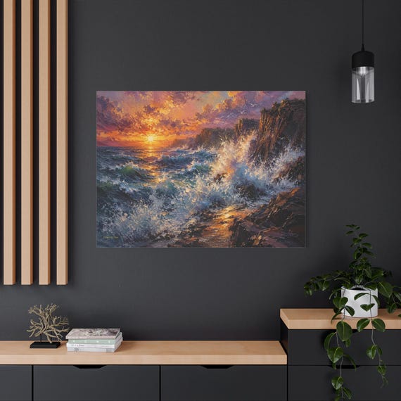 Raging Sea Canvas Print - Ocean Storm Wall Art - Heavy Impasto Seascape Print - Coastal Gothic Decor - Moody Crashing Waves Fine Art Canvas