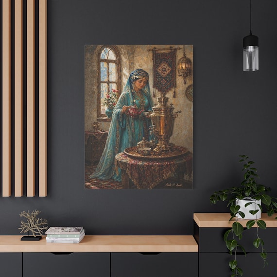 Orientalist Tea Ceremony Canvas - Middle Eastern Woman Print - Impasto Gold Samovar Art - Maximalist Boho Decor - Turquoise Wall Art