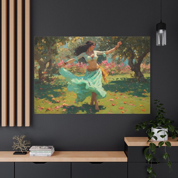 Dancing Woman Canvas Print - Bohemian Garden Art - Impasto Impressionist Print - Mint Green Dress Decor - Joyful Free Spirit Wall Art