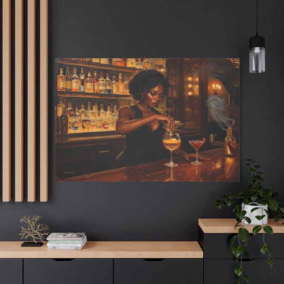 Elegant Female Bartender Canvas Print - Home Bar Wall Decor - Mixology Art - Sophisticated Lounge Painting - Cocktail Lover Gift