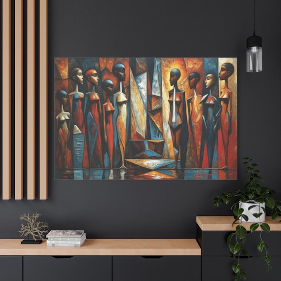 African Cubist Canvas Art - Abstract Women Portrait - Afrocentric Wall Decor - Geometric Impasto Print - Earth Tone Modern Art Print