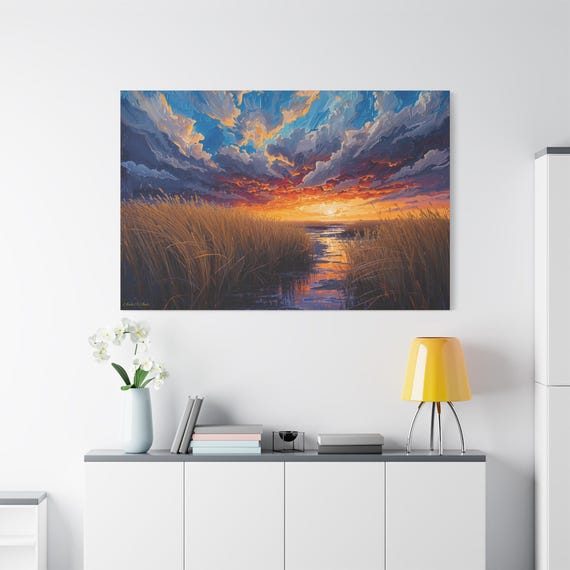 Marshfire, Serene Landscape Canvas Print, Framed Wall Art, Nature Decor, Home Wall Decoration, Gift for Art Lovers, Tranquil Sunset Artwork