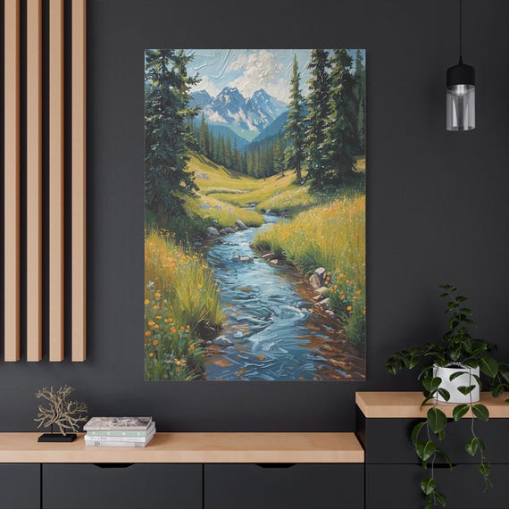 Mountain Stream Canvas Print - Vertical Landscape Art - Impasto Nature Print - Evergreen Forest Decor - Cabin Wall Art - Wildflower Meadow