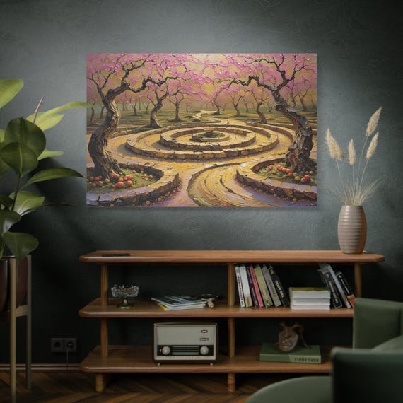 The Sunlit Labyrinth, Blossom Orchard Labyrinth Matte Canvas Print.