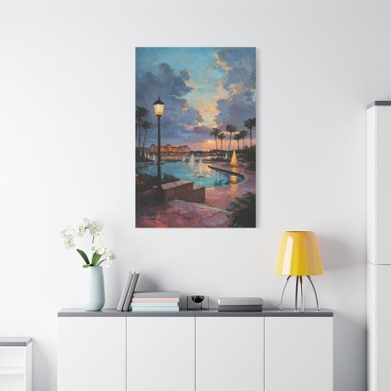 Tropical Resort Sunset Canvas - Luxury Hotel Landscape - Impasto Vacation Print - Palm Trees & Fountains - Florida Decor - Evening Walk Art