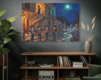 May include: A canvas print depicts a nighttime street scene with a mariachi band playing guitars. A woman stands on a balcony. The scene is illuminated by a full moon and streetlights, with a river of lights winding through the street.