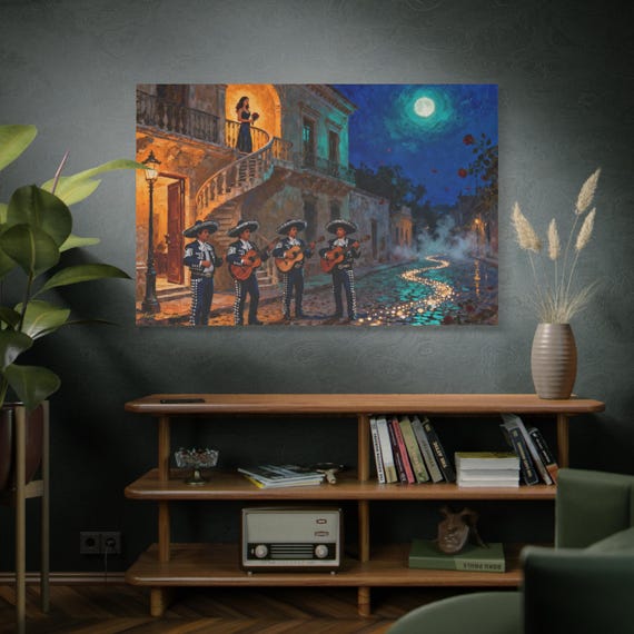 Mexican Nightlife Canvas Art, Vibrant Wall Decor print , Gift for Music Lovers, Fiesta Decor, Housewarming Art, Full Moon Scene