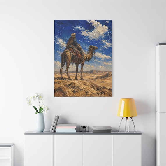 Desert Camel Rider Canvas Print - Middle Eastern Wall Art - Impasto Landscape Print - Nomadic Travel Decor - Worldly Boho Fine Art