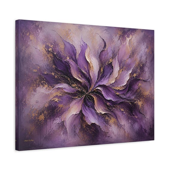 Abstract Purple Floral Canvas Print - Gold and Plum Impasto Wall Art - Swirling Flower Decor - Elegant Glamour Canvas - Modern Chic Art