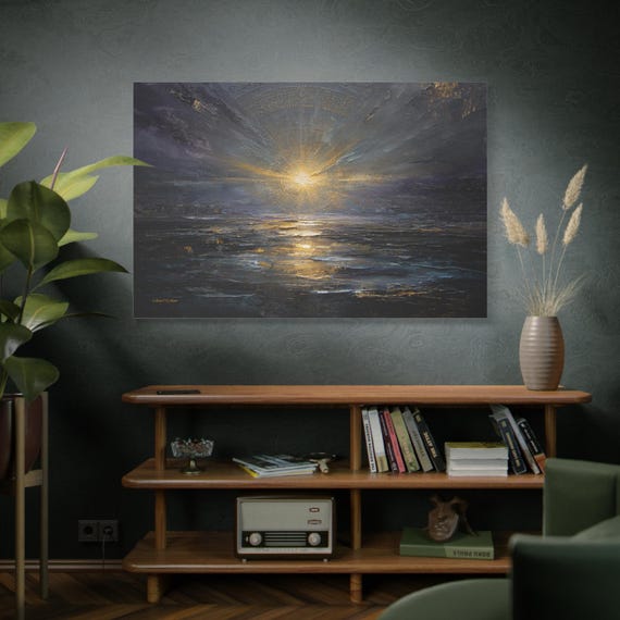 Metallic Sunburst Canvas Print - Dark Industrial Seascape - Gold & Grey Impasto Print - Abstract Horizon Wall Art - Moody Office Decor