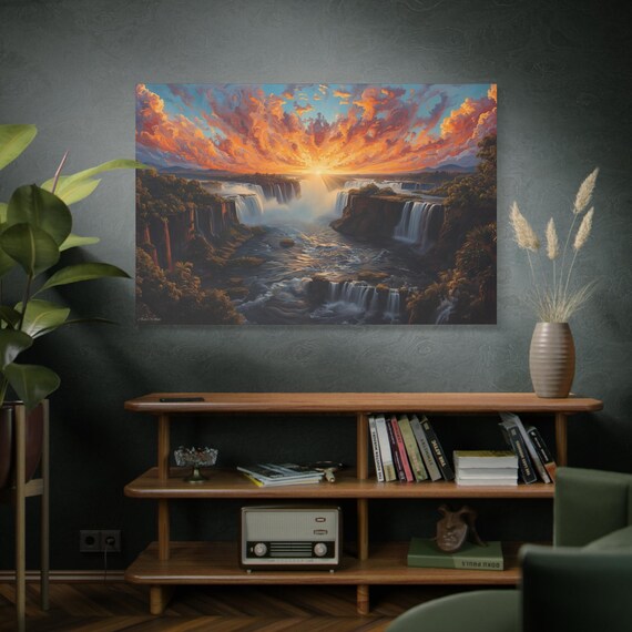 Iguazu Falls, Stretched Canvas Wall Art, Landscape Painting, Home Decor, Nature Lovers, Sunset Artwork, Gift for Nature Enthusiasts