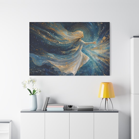 Celestial Woman Canvas Print - Divine Feminine Wall Art - Cosmic Angel Canvas - Abstract Gold and Blue Decor - Spiritual Space Art
