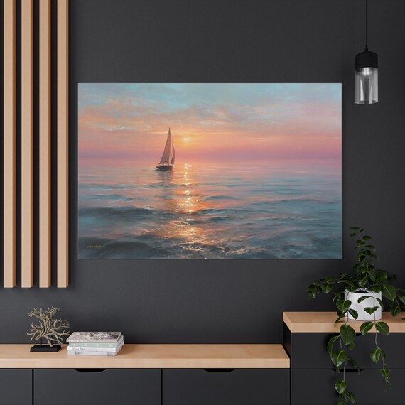 Serene Sailboat Canvas Print - Pastel Sunset Ocean Art - Impressionist Seascape Canvas - Coastal Wall Decor - Beach House Art - Calm Sea