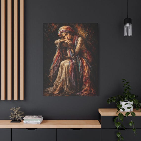 Bohemian Woman Canvas Print - Colorful Scarf Portrait Art - Impasto Female Print - Moody Boho Wall Decor - Rustic Eclectic Fine Art