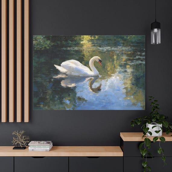 White Swan Canvas Print - Impressionist Pond Wall Art - Serene Lake Canvas - Cottagecore Decor - Elegant Bird Art - Impasto Water Canvas