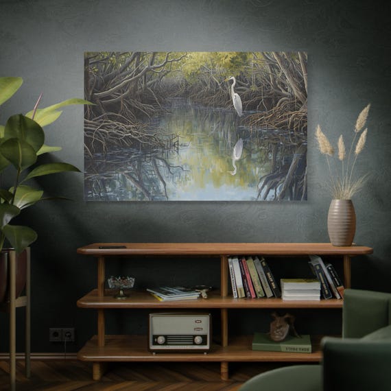 Labyrinth of MangroveSerene Nature Canvas Wall Art, Tranquil Landscape Décor, Great Egret in Mangroves, Gift for Nature Lovers.