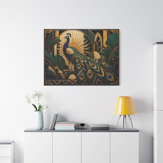 Art Deco Peacock Canvas Print - Emerald and Gold Vintage Glamour Art - Impasto Style Bird Wall Decor - Roaring 20s Maximalist Room Art