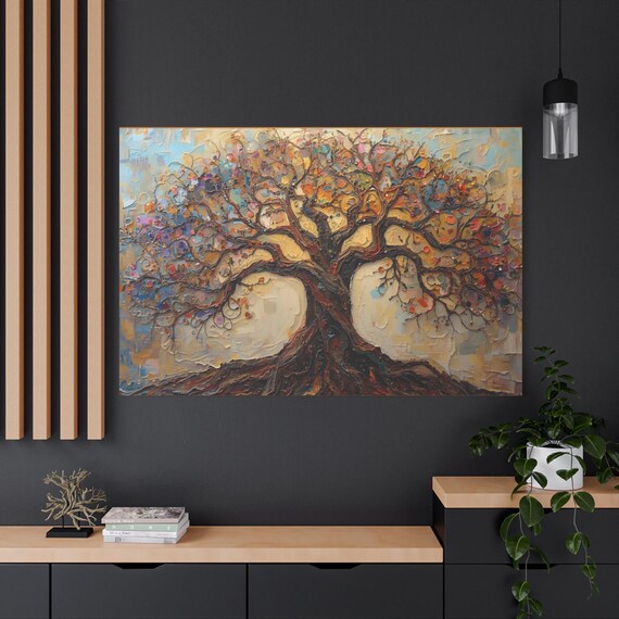 Artistic Tree of Life Canvas, Stretched Wall Art, Home Decor, Nature-Inspired Decoration, Gifts for Nature Lovers, Colorful Artwork