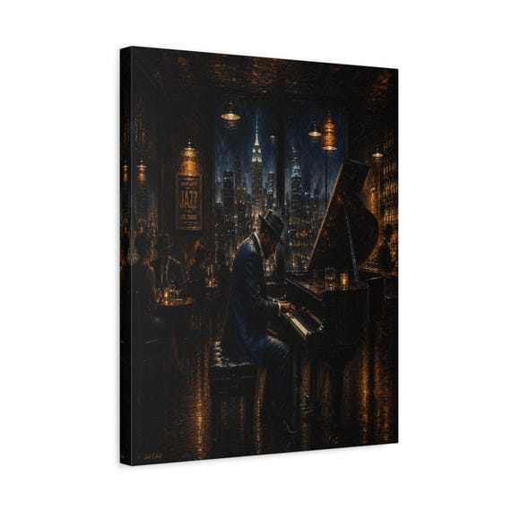 Moody Jazz Club Canvas Print - Impasto Pianist Print - Speakeasy Bar Decor - City Skyline Night Art - Musician Wall Art