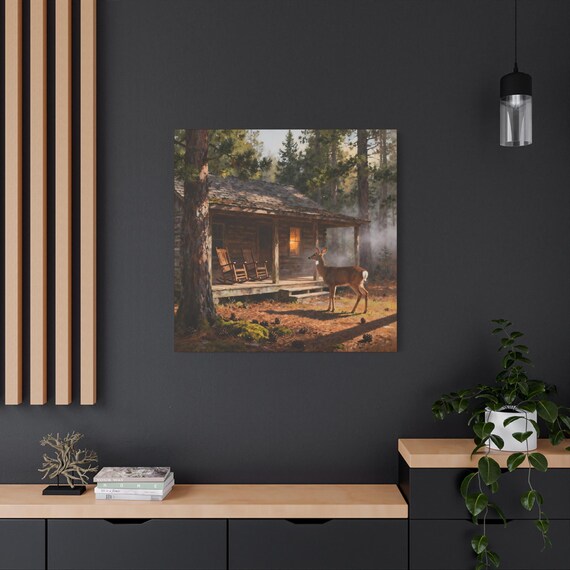 Cabin At Dusk Canvas Print: Wildlife Art, Nature Decor (36"X36")