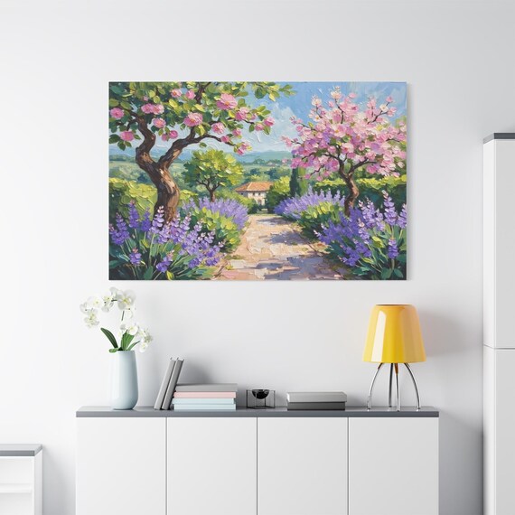 Tuscan Spring Garden Canvas Print - Impasto Lavender Pathway Art - Blooming Tree Landscape - Mediterranean Villa Decor - Cottagecore Print