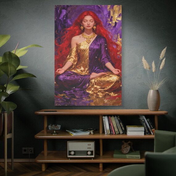 Sadhana in Gold and Amethyst Print, Meditative Art, Spiritual Home Decor, Zen Room Wall Art, Bohemian Style.