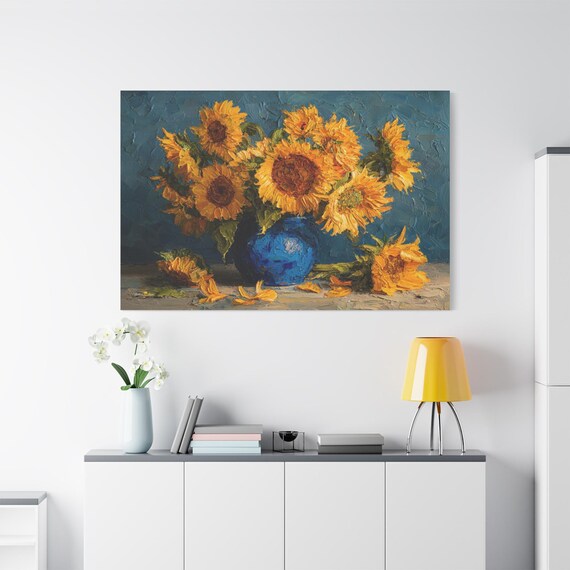 Sunflower Canvas Print - Impasto Floral Wall Art - Van Gogh Style Print - Yellow Flower Decor - Cobalt Blue Vase - Rustic Still Life