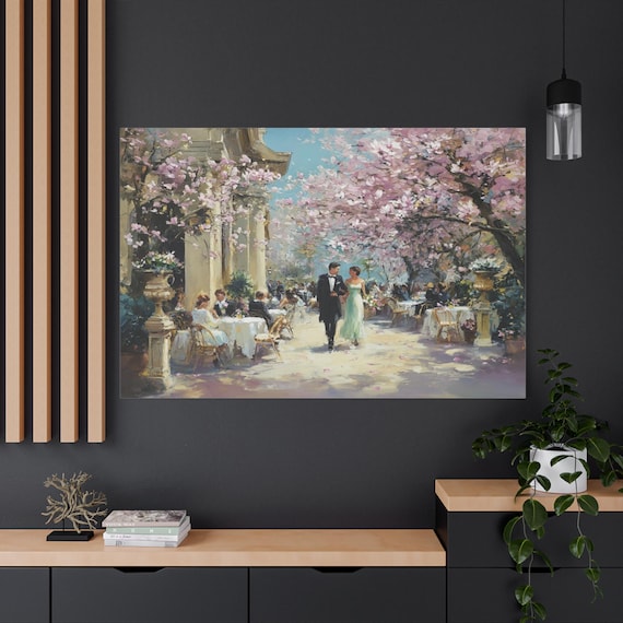 Romantic Couple Canvas Print - Paris Spring Cafe Print - Pink Blossom Tree Art - Elegant European Decor - Vintage Romance Impasto Art