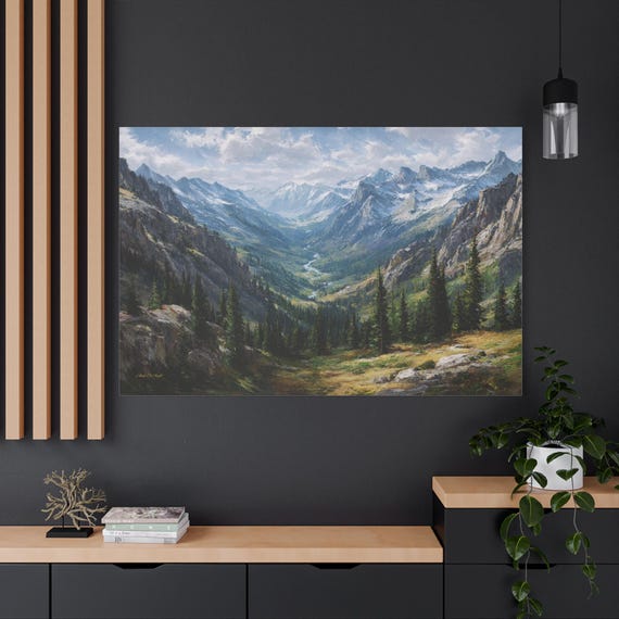 Mountain Valley Canvas Print - Impasto Alpine Landscape - Winding River Wall Art - Snow Capped Peaks Decor - Pine Forest Print - Scenery