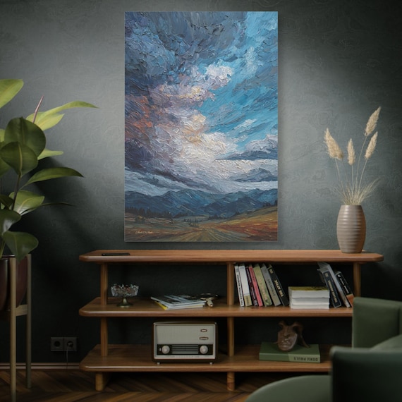 Storm Clouds over the Foothills, Dramatic Mountain Sky Matte Canvas Print, Mountain Landscape, Moody Landscape, Rustic Decor, Heavy Impasto.