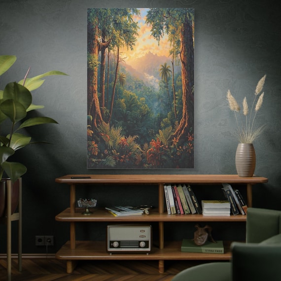 Portal to the Amazon, Tropical Jungle Sunrise, Matte Canvas, Tropical Wall Decor, Maximalist Decor, Rainforest Painting, Lush Greenery.