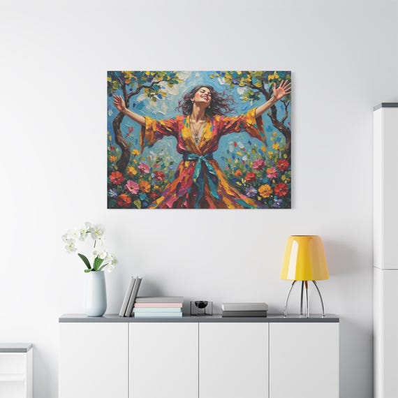Joyful Woman Canvas Print - Vibrant Boho Wall Art - Impasto Floral Print- Expressive Female Portrait - Colorful Maximalist Decor