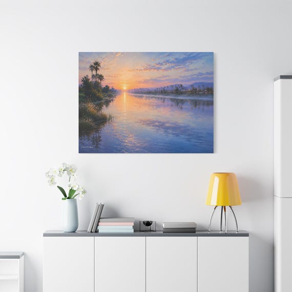 Serene River Canvas Print - Pastel Sunrise Landscape Wall - Coastal Boho Decor - Nile River Fine Art Canvas Over River Canvas