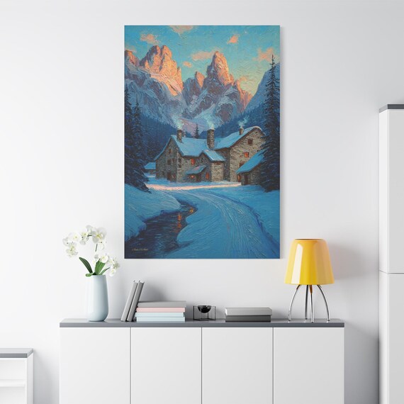 Winter Mountain Canvas Print - Snowy Cabin Wall Art - Impasto Landscape Print - Cozy Chalet Decor - Alpine Retreat Art - Cabin Core