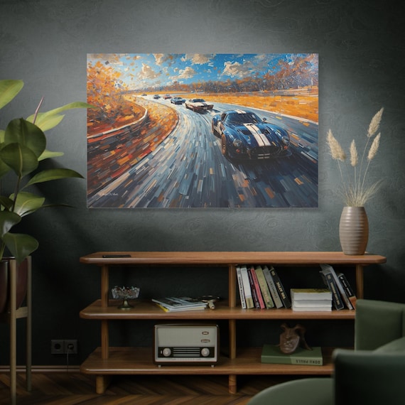 Vintage Racing Car Canvas Print, Classic Roadster Wall Art, Impasto Style Racetrack Painting, Man Cave Decor, Car Lovers, Cobra Style Art