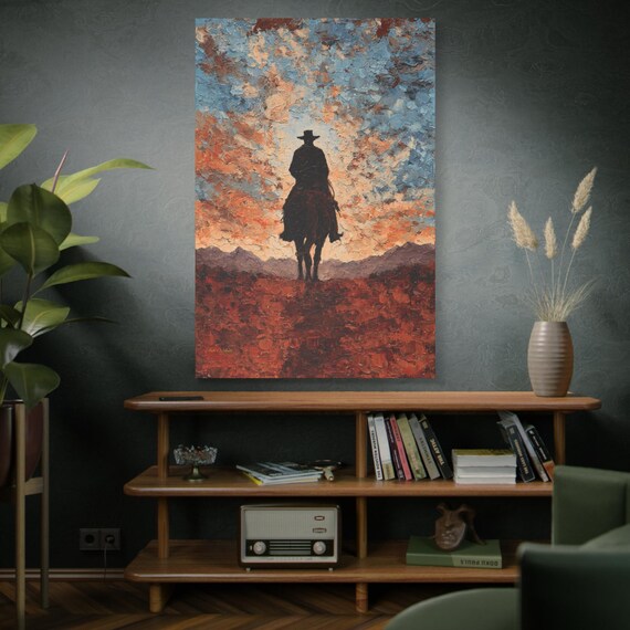 Western Cowboy Sunset Canvas Art Print, Rustic Impasto Painting