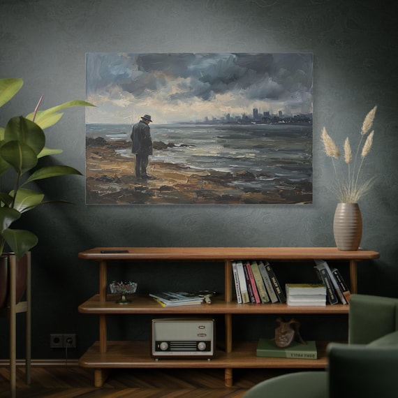 Moody Coastal Canvas Print - Solitary Figure Canvas - Impasto Seascape Wall Art - Distant Cityscape Decor - Dark Academia - Lone Man Art