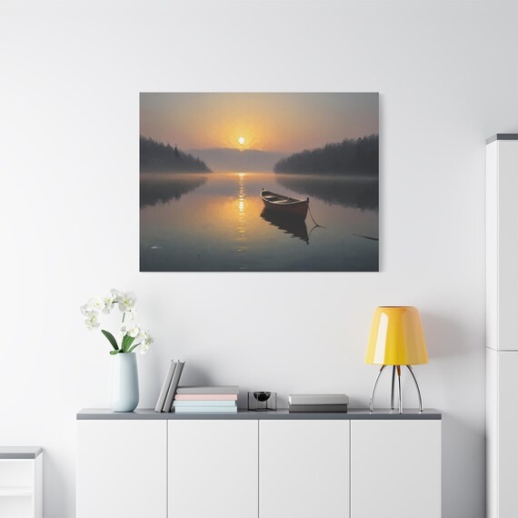 Misty Lake Canvas Print - Serene Rowboat Wall Art - Impasto Sunrise Canvas - Rustic Lakehouse Decor - Moody Nature Artwork - Zen
