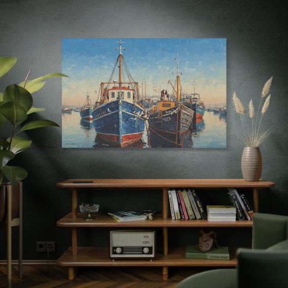Salt and Stillness, Fishing Boat Canvas Wall Art, Nautical Décor, Coastal Art Print, Interior Design, Gift for Ocean Lovers